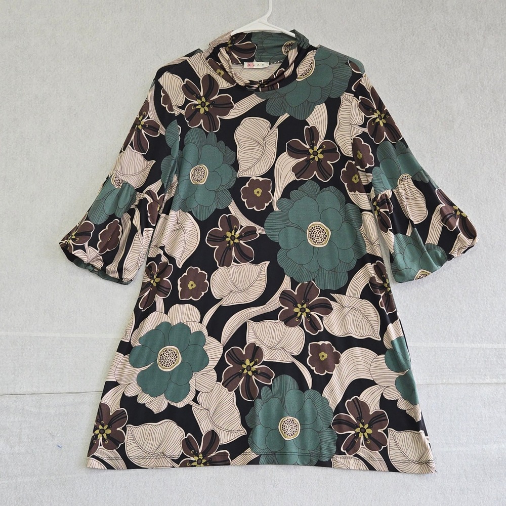 GLAM Floral Mock Neck Bell Sleeve Mini Dress Large Green Brown Retro Mod B393